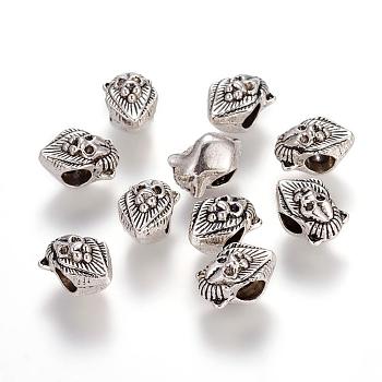 Alloy European Beads, Large Hole Beads,  Cadmium Free & Lead Free, Lion Head, Antique Silver, 13x7x7mm, Hole: 4mm