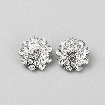 1-Hole Alloy Shank Buttons, with Rhinestone, Flower, Platinum, Crystal, 19.5x20x10mm, Hole: 1.6mm