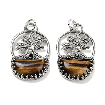 Natural Tiger Eye Bag Pendants, Rack Plating Antique Silver Plated Brass Tree Charms, Cadmium Free & Lead Free, 41x26x6mm, Hole: 5.5mm