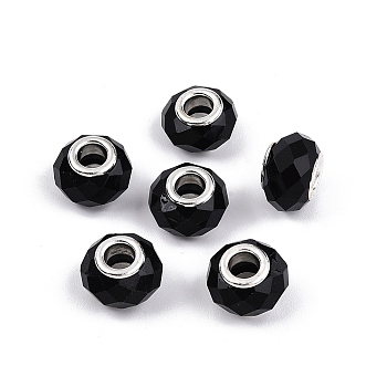 Glass European Beads, Large Hole Beads, with Brass Cores, Faceted, Rondelle, Black, 13.5~14x9~9.5mm, Hole: 5mm