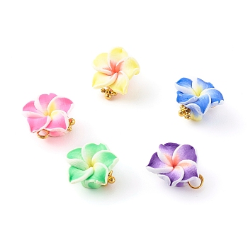 Polymer Clay Charms, with Brass Findings, Flower, Golden, Mixed Color, 13x13x7.5mm, Hole: 2mm