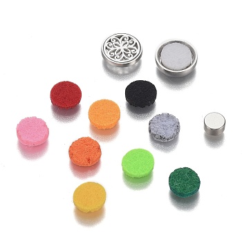 304 Stainless Steel Diffuser Locket Clips, with Perfume Pad, Magnet and Aroma Box, Flat Round with Flower, Mixed Color, 12x4.5mm