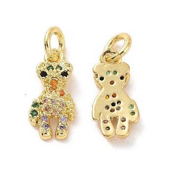 Brass Micro Pave Colorful Cubic Zirconia Charms, with Jump Ring, Bear, Real 18K Gold Plated, 13.5x6.5x2mm, Hole: 3.5mm