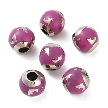 Platinum Plated Alloy Enamel European Beads, Large Hole Beads, Round with Dolphin Pattern, Old Rose, 14x13.5mm, Hole: 5.4mm