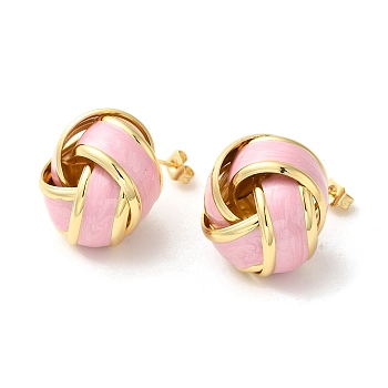 Real 18K Gold Plated Brass Enamel Stud Earrings for Women, Knot, Pink, 21x20.5mm