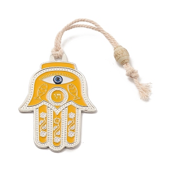 Hamsa Hand/Hand of Miriam with Evil Eye Alloy Resin Pendant Decorations, Jute Tassel Hanging Ornaments, Antique Silver, Yellow, 210mm