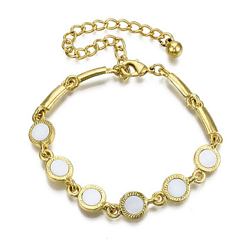 Electroplated Alloy Link Bracelets, with Natural Freshwater Shell, Cadmium Free & Lead Free, Textured, Flat Round, Seashell Color, Golden, 10-3/8 inch(26.5cm)