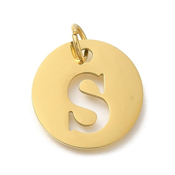 Ion Plating(IP) 304 Stainless Steel Pendants, with Jump Ring, Laser Cut, Flat Round with Letter Charm, Real 18K Gold Plated, Letter S, 20x1mm, Hole: 4.5mm