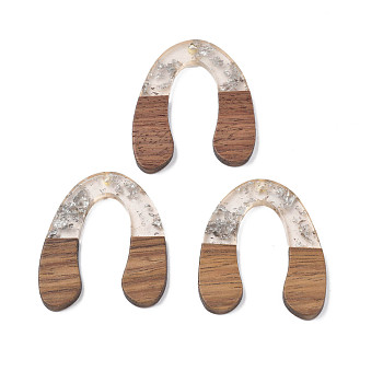 Transparent Resin & Waxed Walnut Wood Pendants, with Foil, Horse Shoe, Silver, 37x32x3mm, Hole: 2.0mm