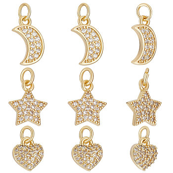 12Pcs 3 Style Brass Micro Pave Clear Cubic Zirconia Charms, Moon & Heart & Star Charm, with Jump Ring, Real 18K Gold Plated, 9~13x7~10x2~2.5mm, Hole: 2mm, 4pcs/style