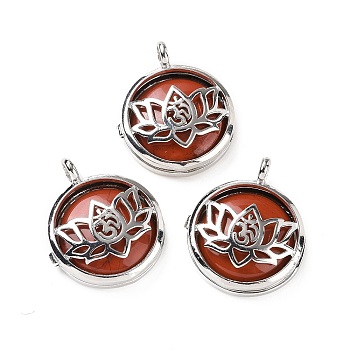 Natural Red Jasper Locket Pendants, Flat Round Charms, with Platinum Plated Brass Lotus Findings, 31.5x27x9mm, Hole: 4.6mm