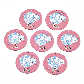 Spray Painted Iron Pendants, Rubberized Style, 3D Printed,  Sheep Blossom Print Pattern, Flat Round, Flamingo, 25.5x0.8mm, Hole: 1.2mm
