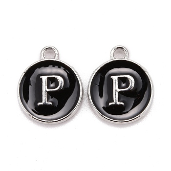 Platinum Plated Alloy Charms, Cadmium Free & Lead Free, with Enamel, Enamelled Sequins, Flat Round with Letter, Letter.P, 14x12x2mm, Hole: 1.5mm