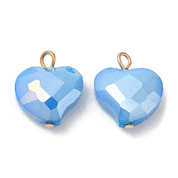 Imitation Jade Glass Pendants, with Golden Brass Loops, Heart Charms, Light Sky Blue, 18x17x6.5~7mm, Hole: 2~2.5mm