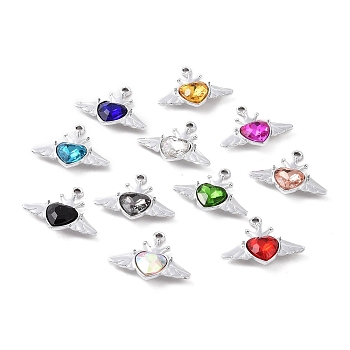 Alloy Rhinestone Pendants, Platinum Tone Wing & Heart Charms, Mixed Color, 22x27.5x6mm, Hole: 2mm
