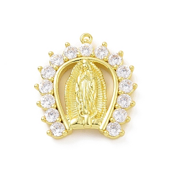 Eco-friendly Rack Plating Brass Micro Pave Cubic Zirconia Pendants, Cadmium Free & Lead Free, Long-Lasting Plated, Horseshoe with Religion Virgin Mary Charm, Real 18K Gold Plated, 18.5x17.5x3.5mm, Hole: 0.8mm