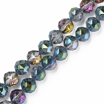 Electroplate Transparent Glass Beads Strands, Half Plated, Faceted, Round, Teal, 12x11mm, Hole: 1.2mm, about 50pcs/strand, 22.05 inch(56cm)