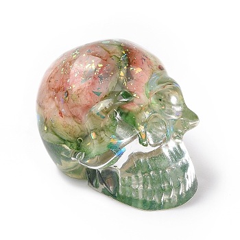 Natural Fluorite Skull Beads, Halloween Transparent Resin Skull with Gold Foil, No Hole, Dark Sea Green, 23x22x25mm