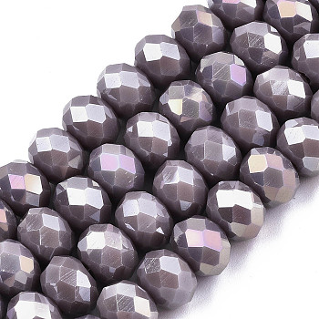 Electroplate Glass Beads Strands, Opaque Solid Color, AB Color Plated, Faceted, Rondelle, Medium Purple, 8x6mm, Hole: 1mm, about 64~65pcs/strand, 40~41cm