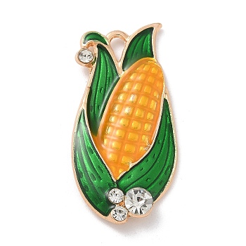 Alloy Enamel Pendants, with Crystal Rhinestone, Corn Charm, Light Gold, Cadmium Free & Lead Free, Orange, 36x17.5x4mm, Hole: 3.5x2mm