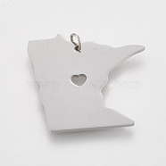 Tarnish Resistant 201 Stainless Steel Pendants, Map of Minnesota, Stainless Steel Color, 22x24x1mm, Hole: 3mm(STAS-T038-65)