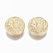 Brass Shank Buttons, Nickel Free, Flat Round with Flower, Real 18K Gold Plated, 17x6mm, Hole: 2mm(KK-S356-108G-NF)