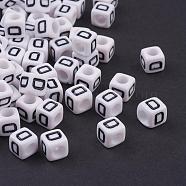 Acrylic Horizontal Hole Letter Beads, Cube, White, Letter D, Size: about 6mm wide, 6mm long, 6mm high, hole: about 3.2mm, about 2600pcs/500g(PL37C9308-D)