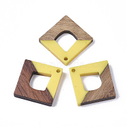 Resin & Wood Pendants, Rhombus, Yellow, 27x27x4mm, Hole: 2mm(X-RESI-S358-28D)