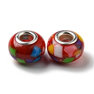 Bohemian Style Resin European Beads, Large Hole Beads, Rondelle, Platinum Color Core, Red, 14x9.5mm, Hole: 4.8mm(RESI-D069-01D)