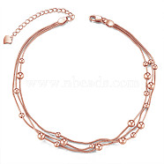 SHEGRACE 925 Sterling Silver Anklet with Triple Layered Chain and Beads, Rose Gold, 8-1/4 inch(21cm)(JA69B)