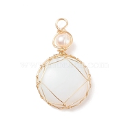 Opalite Pendants, with Golden Tone Copper Wire Wrapped and Natural Cultured Freshwater Pearl, Oval, 34x21x8mm, Hole: 3.7mm(PALLOY-JF01556-06)