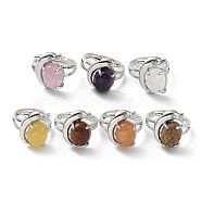 Natural & Synthetic Mixed Gemstone Oval with Dolphin Adjustable Ring, Platinum Brass Jewelry, Cadmium Free & Lead Free, Inner Diameter: 18mm(G-Z031-01P)