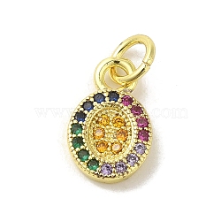 Brass Micro Pave Cubic Zirconia Charms, Real 18K Gold Plated, Flat Round Charms, Colorful, 11.5x7.5x2mm, Hole: 3mm(KK-M283-25B-02)