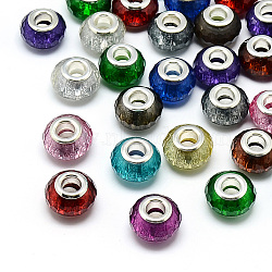 Resin European Beads, Large Hole Beads, with Silver Color Plated Brass Cores, Faceted, Rondelle, Large Hole Beads, Mixed Color, 13.5~14.5x9mm, Hole: 5mm(RPDL-S009-M)