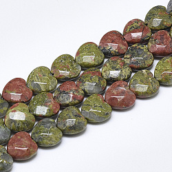 Natural Unakite Beads Strands, Faceted, Heart, 10x10x5mm, Hole: 1.2mm, about 20pcs/strand, 7.4 inch(G-S357-E01-04)