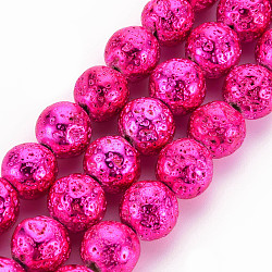 Electroplated Natural Lava Rock Beads Strands, Round, Bumpy, Fuchsia, 10~10.5mm, Hole: 1.2mm, about 37~40pcs/strand, 14.9~15.1 inch(38~38.5cm)(X-G-T098-01B-05)