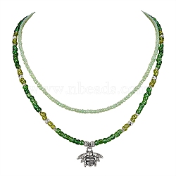 Bee Shape Pendant Necklaces Set, Transparent Glass Seed Beads Necklaces, Non-magnetic Synthetic Hematite Beads Necklaces for Women, Antique Silver, Green, 15.2~18.3 inch(38.5~46.5cm), 2pcs/set(NJEW-SW00006-04)