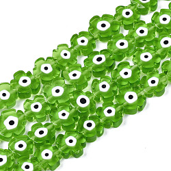 Handmade Lampwork Beads Strands, Flower with Evil Eye, Lime Green, 7~9x7~9x3mm, Hole: 0.8mm, about 50~52pcs/strand, 14.57 inch~15.35 inch(37~39cm)(LAMP-N023-002A-07)