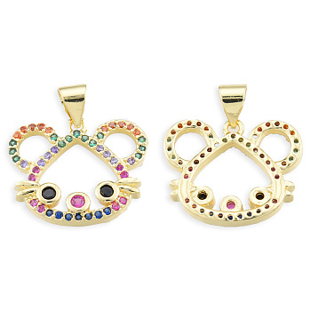 Brass Micro Pave Cubic Zirconia Pendants, with Brass Snap on Bails, Nickel Free, Real 18K Gold Plated, Mouse Charm, Colorful, 16x19x2.5mm, Hole: 3.5x4mm