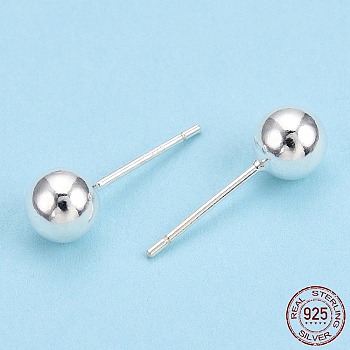 925 Sterling Silver Round Ball Stud Earrings, Silver, 6mm, Pin: 0.8mm