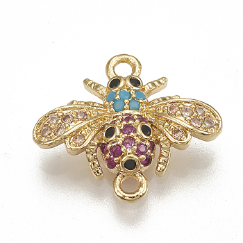 Brass Micro Pave Cubic Zirconia Links, Bees, Colorful, Nickel Free, Real 18K Gold Plated, 13x15x3mm, Hole: 1.5mm