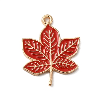 Thanksgiving Day Theme Alloy Enamel Pendants, Golden, Maple Leaf Charm, Red, 25.5x20x1.5mm, Hole: 1.5mm