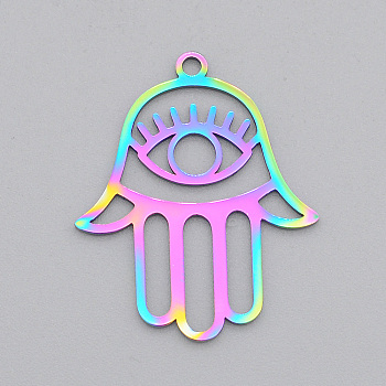 Ion Plating(IP) 201 Stainless Steel Pendants, Laser Cut, Hamsa Hand//Hand of Miriam with Evil Eye, Rainbow Color, 28x23x1mm, Hole: 1.8mm