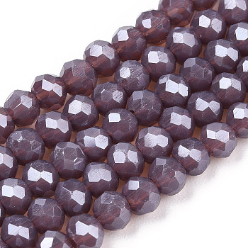 Electroplate Glass Beads Strands, Pearl Luster Plated, Faceted, Rondelle, Old Rose, 4x3mm, Hole: 0.4mm, about 123~127pcs/strand, 16.5~16.9 inch(42~43cm)