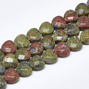 Natural Unakite Beads Strands, Faceted, Heart, 10x10x5mm, Hole: 1.2mm, about 20pcs/strand, 7.4 inch