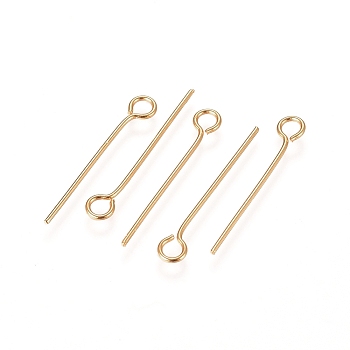 304 Stainless Steel Eye Pins, Real 18K Gold Plated, 22 Gauge, 20x0.6mm, Hole: 2mm