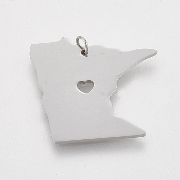 Tarnish Resistant 201 Stainless Steel Pendants, Map of Minnesota, Stainless Steel Color, 22x24x1mm, Hole: 3mm