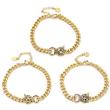 Brass Micro Pave Cubic Zirconia Bracelets, Real 18K Gold Plated, Leopard, Mixed Color, 6-7/8 inch(17.5cm)