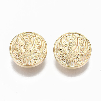 Brass Shank Buttons, Nickel Free, Flat Round with Flower, Real 18K Gold Plated, 17x6mm, Hole: 2mm