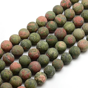 Natural Frosted Unakite Round Bead Strands, 10mm, Hole: 1mm, about 37~39pcs/strand, 14.9~15.6 inch